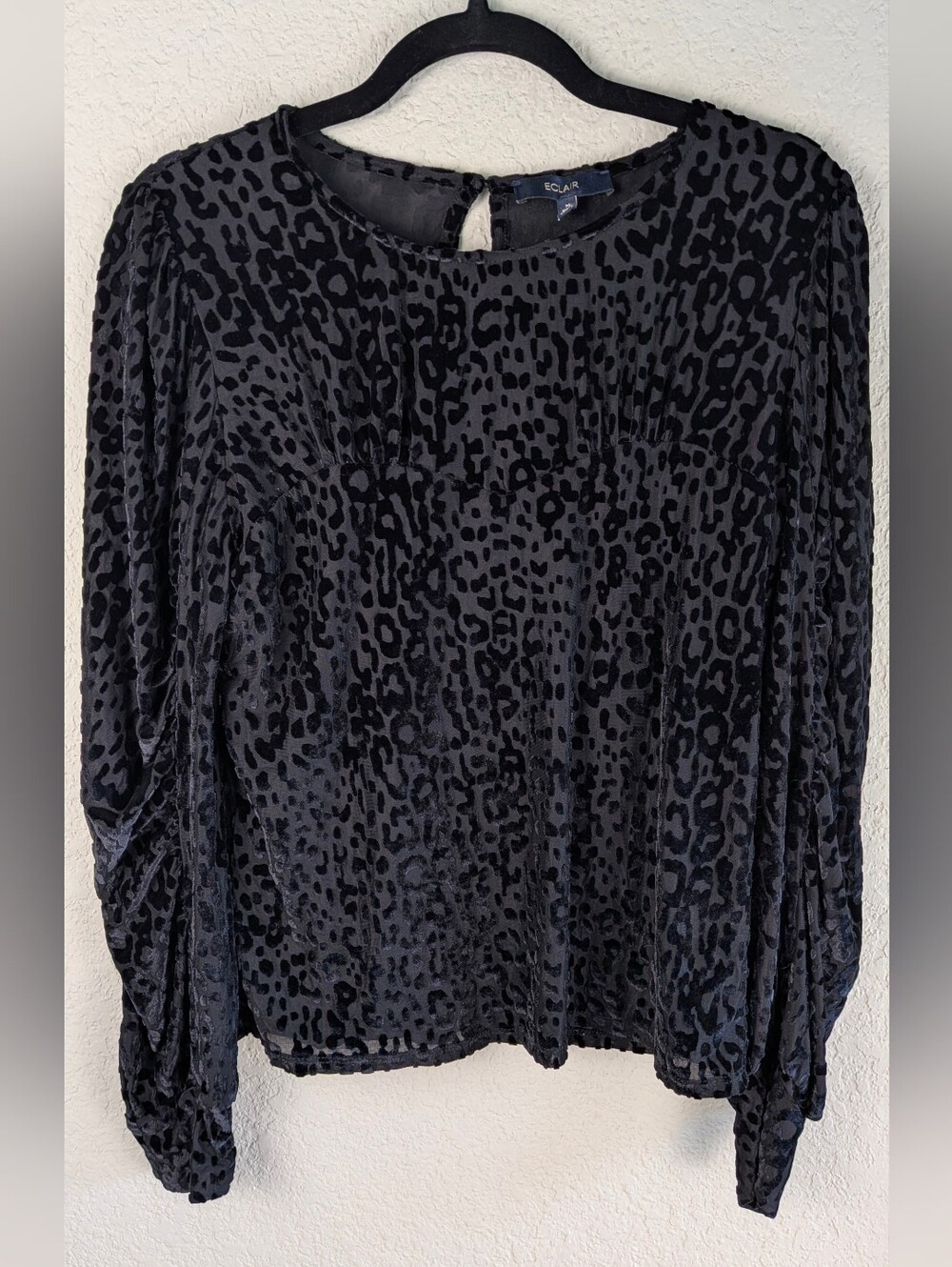 Eclair Burnout Velvet Blouse M Black Long Ruched Sleeve Stretch Lined Whimsigoth